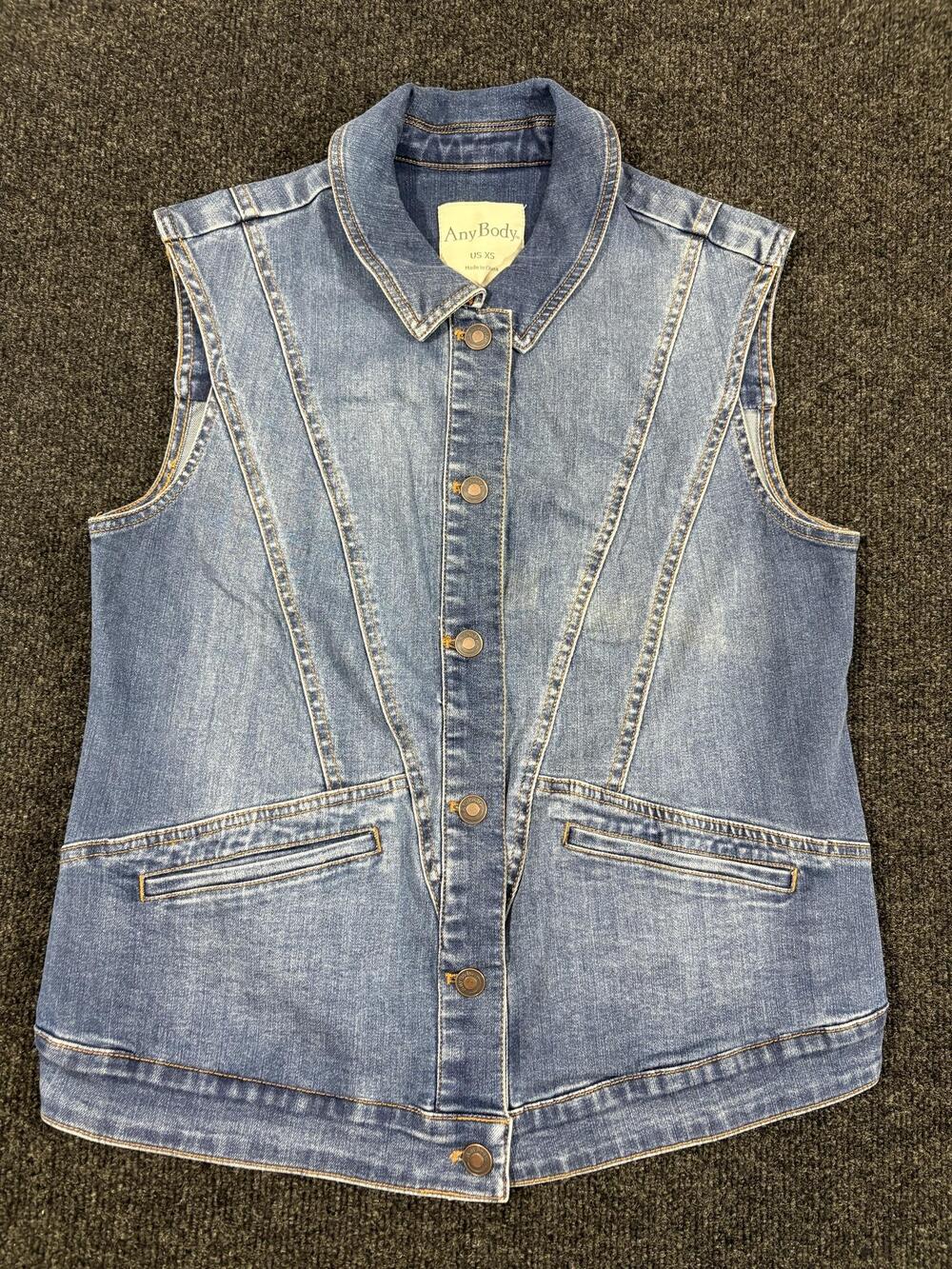 AnyBody Vest Womens XS Blue Denim Snap Front Collared Sleeveless Pockets Casual